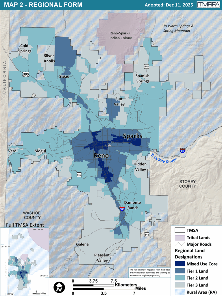 Map of Reno, Sparks, and Washoe County, Nevada, showing Regional Land Designations.