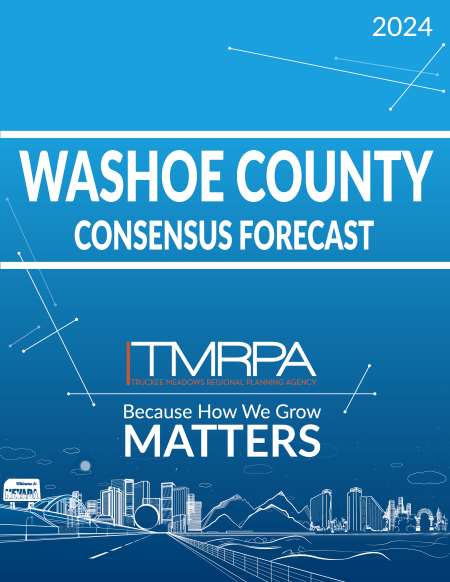 Cover for the Washoe County Consensus Forecast document. Blue gradient background, with linework of landscape of the cities Reno, Sparks, and Washoe County, NV.