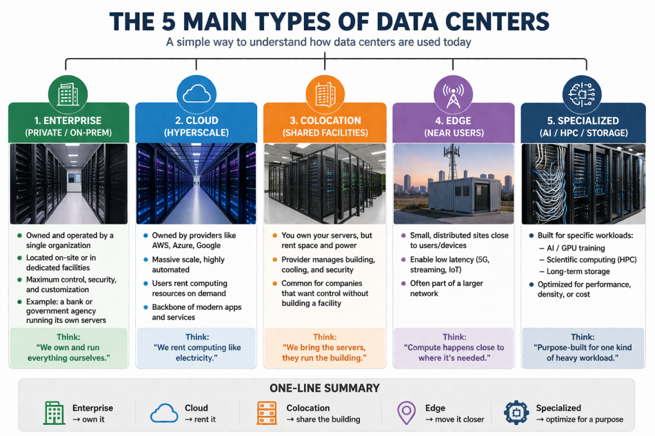Image describing various types of data centers, 5 total.
