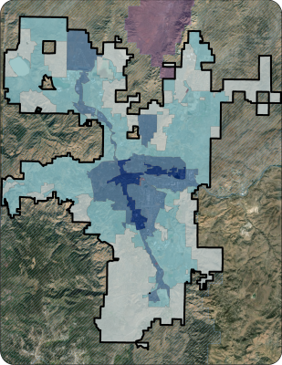 Small screenshot of map showing the Truckee Meadows Services Area boudary, with shades of blue depicting the Regional Land Designations in Washoe County, NV.